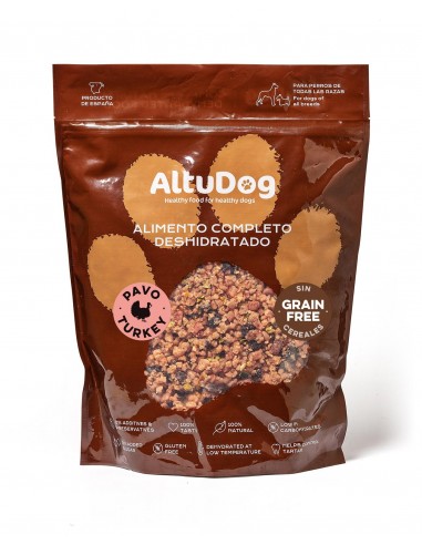 Comida deshidratada para perros  sin cereales, con carne de pavo, verdura, fruta y vísceras.