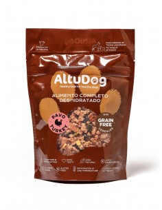 Comida deshidratada para perros  sin cereales, con carne de pavo, verdura, fruta y vísceras.